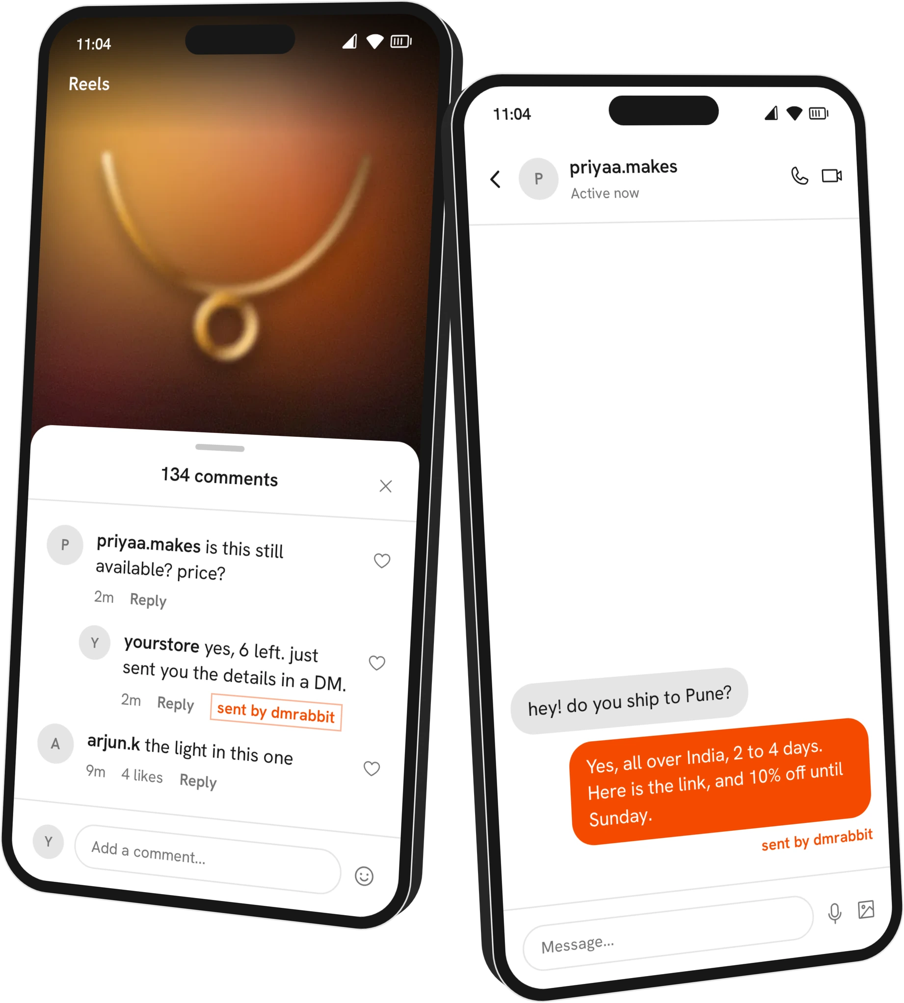Two phones: a comment under a reel answered in the thread, and the DM that answer sent.