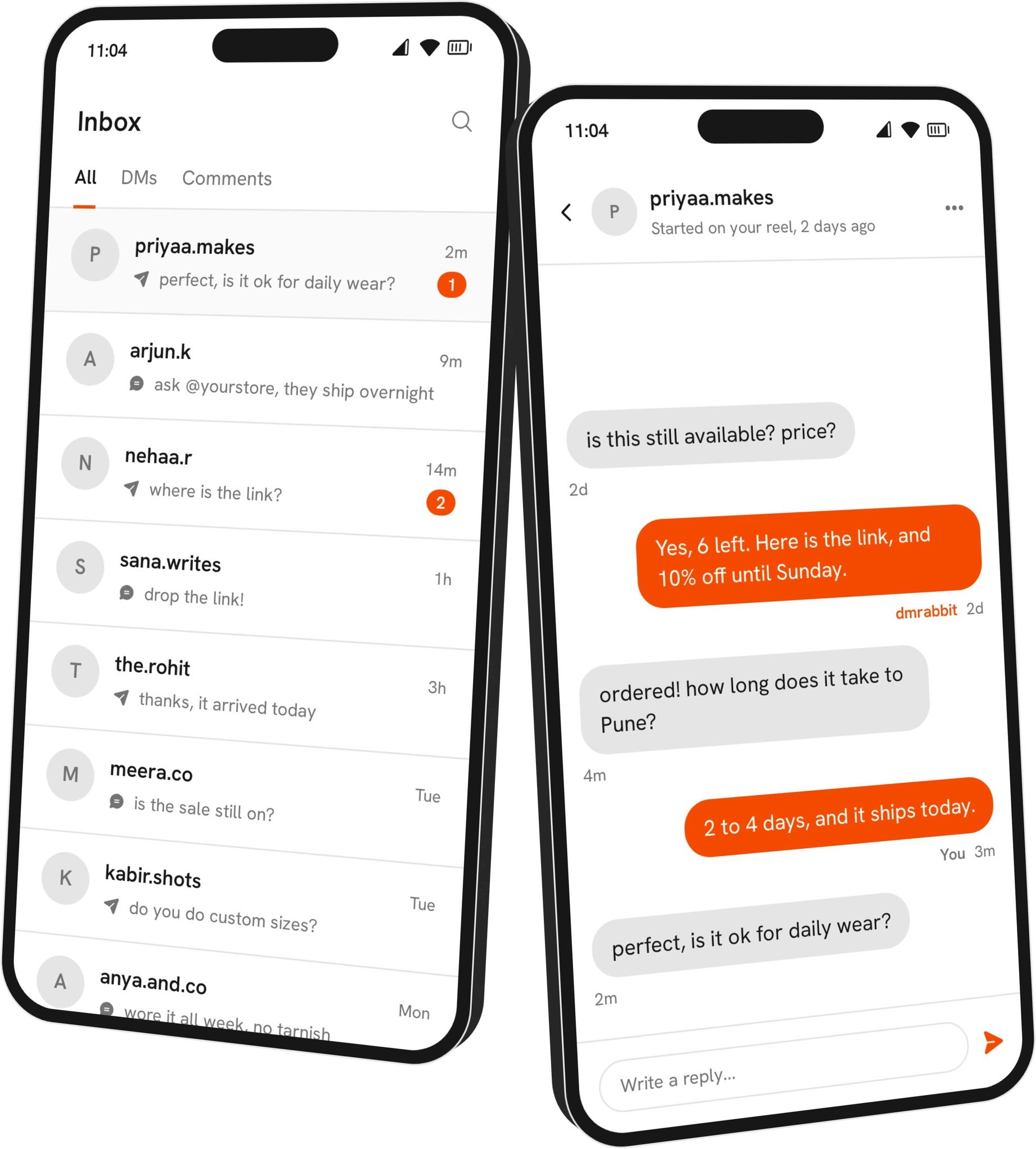 Two phones: an inbox listing comment threads and direct messages together, and one of those conversations opened, showing a reply from dmrabbit and a reply typed by the account owner.