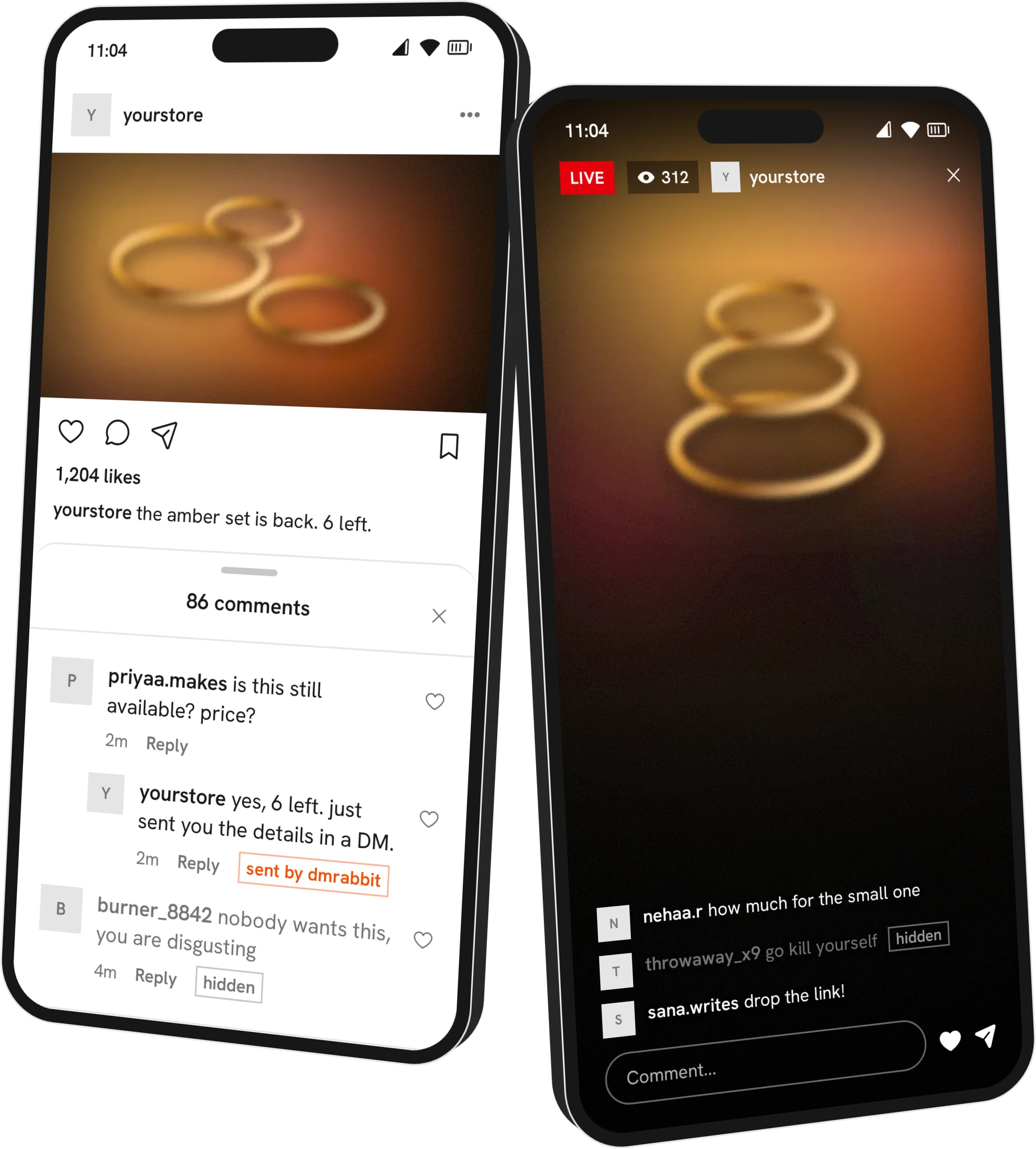 Two phones: a post whose comment sheet shows an abusive comment greyed out and marked hidden, and a live broadcast where a comment telling someone to kill themselves is greyed and marked hidden while the other comments carry on.