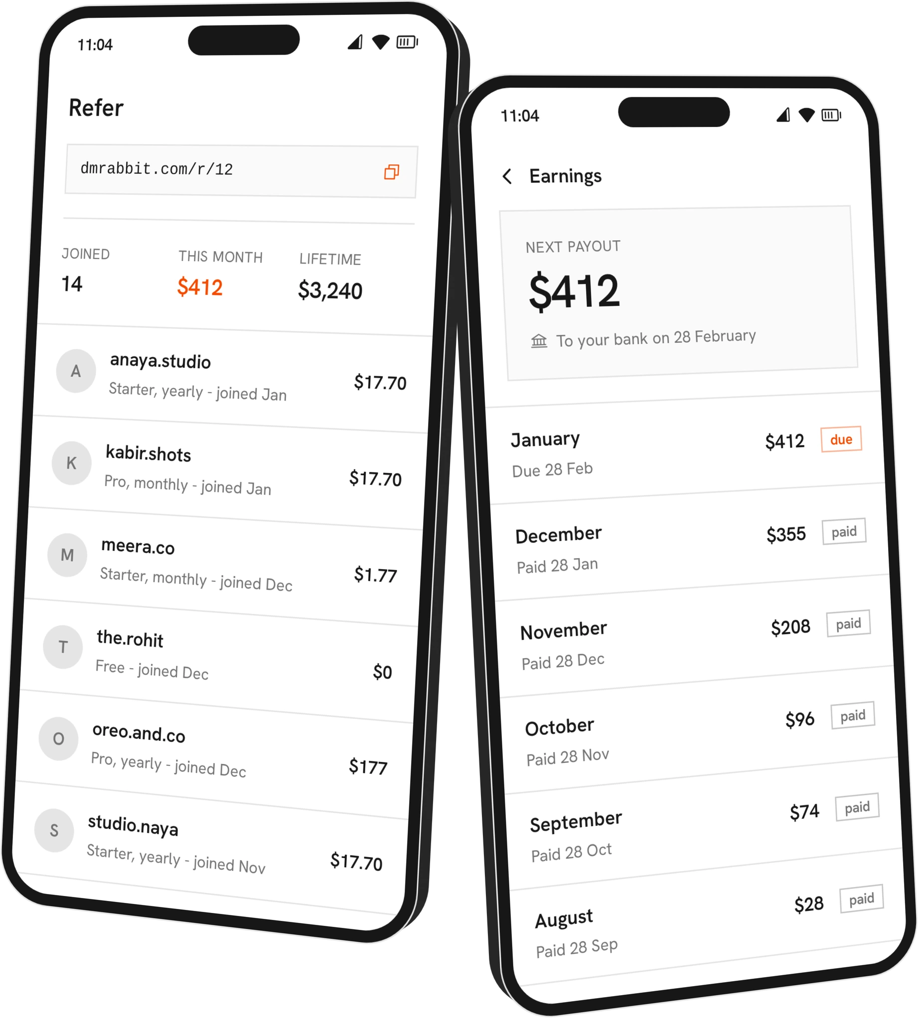 Two phones: a referral link with what it has earned and who signed up through it, and the months those earnings were paid out.