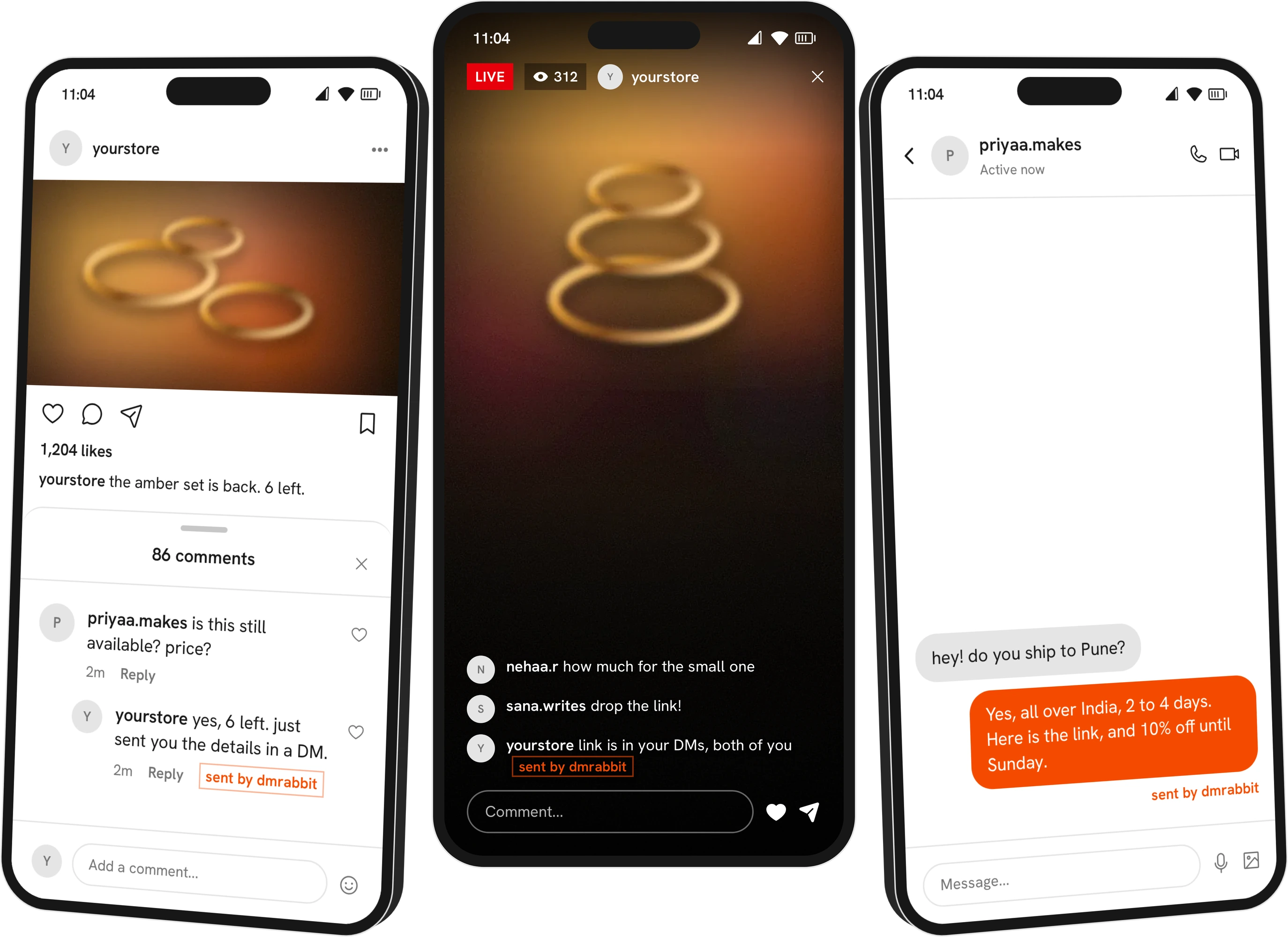 Three phones: a comment on a post, a comment during a live broadcast, and a direct message, each answered by dmrabbit.